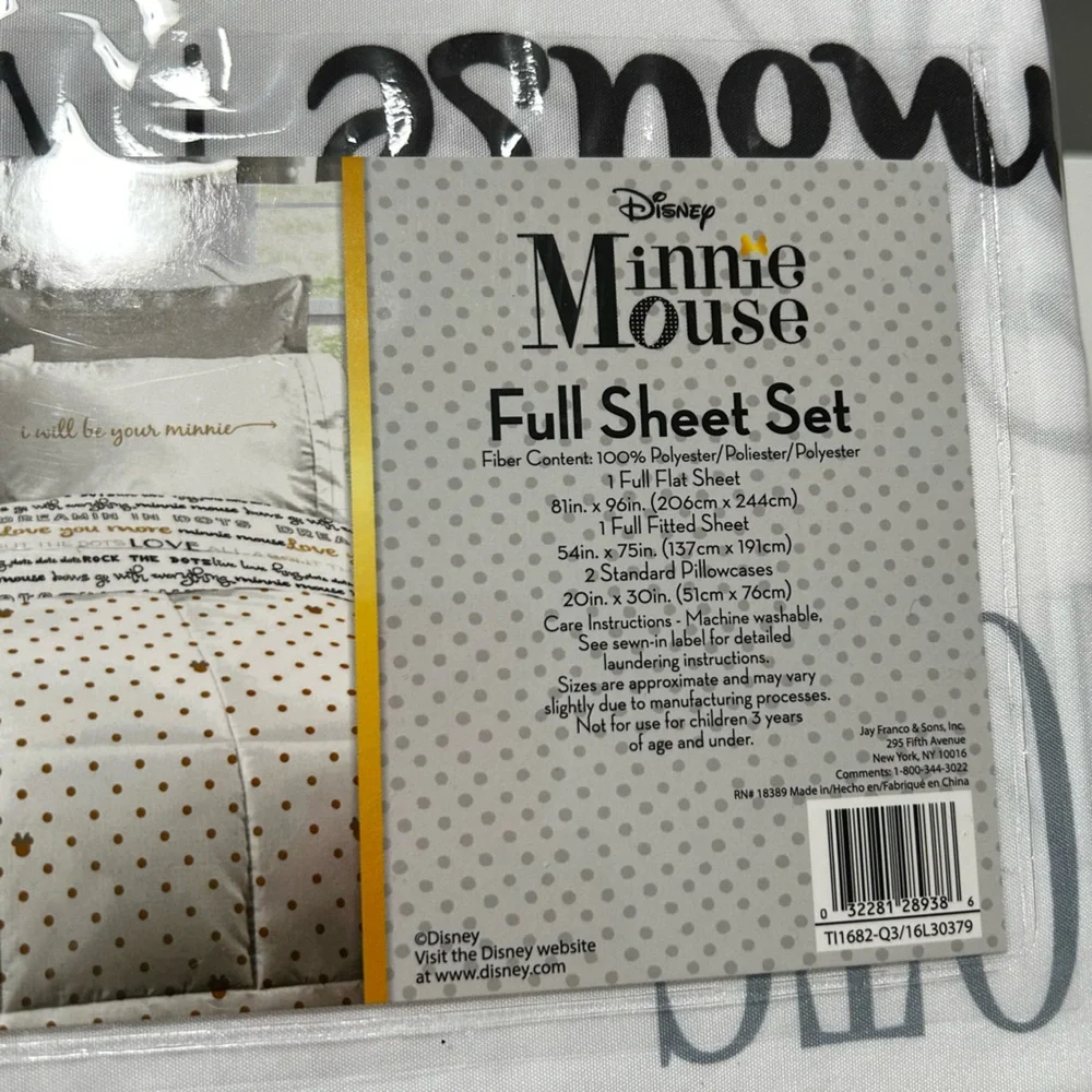 Disney Minnie Mouse Full Sheet Set - Black, White‎ and Gold